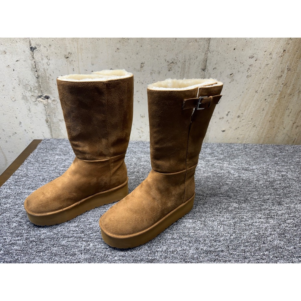 Madden Girl Brown Suede Platform Mid-Calf Boots Faux Fur Lined Buckle Detail
